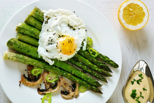 Fried Eggs with Lemon, Asparagus and Mushrooms