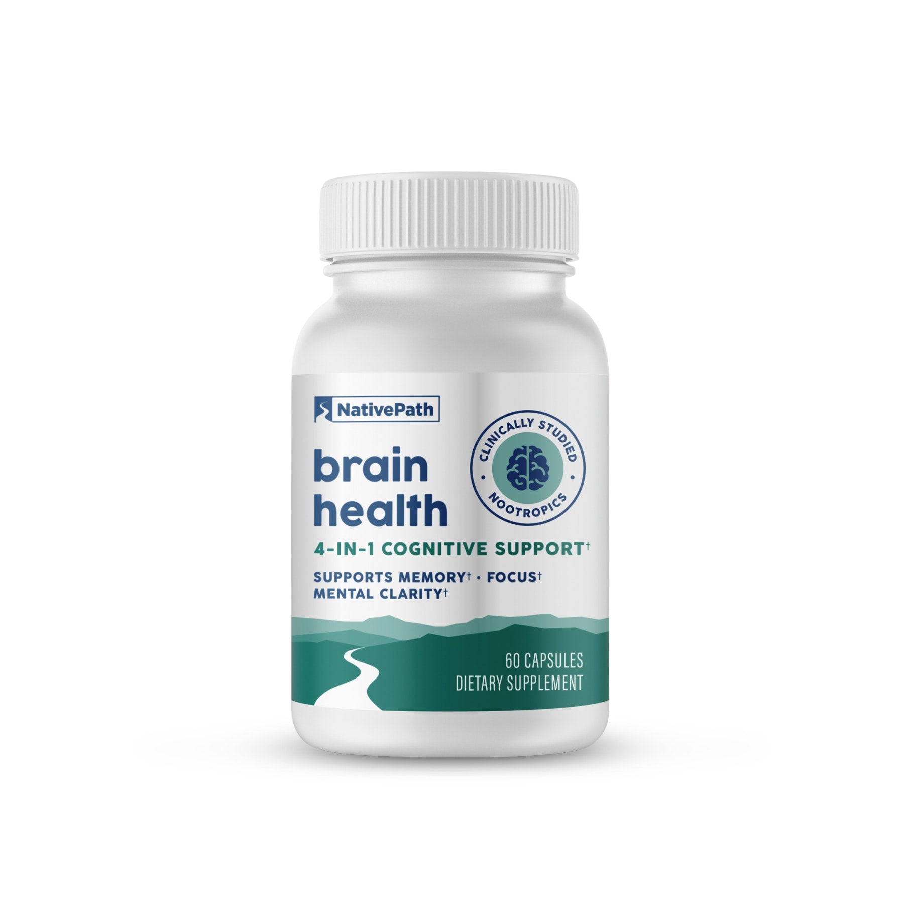 NativePath Brain Health bottle, front view — 4-in-1 cognitive support supplement, 60 capsules, with clinically studied nootropics seal
