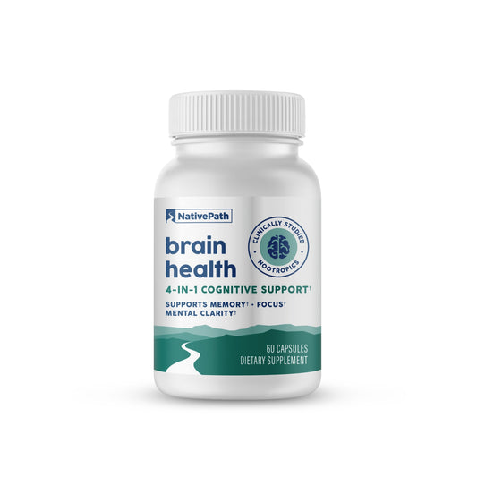 NativePath Brain Health bottle, front view — 4-in-1 cognitive support supplement, 60 capsules, with clinically studied nootropics seal