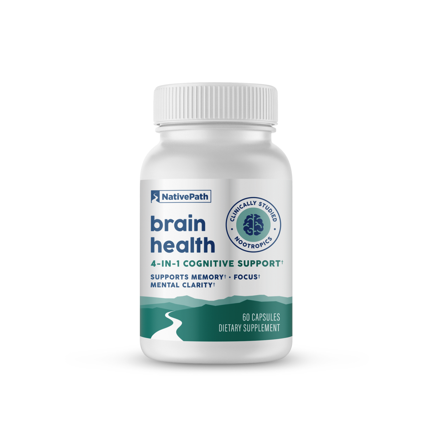 NativePath Brain Health bottle, front label, 4-in-1 cognitive support with clinically studied nootropics, 60 capsules