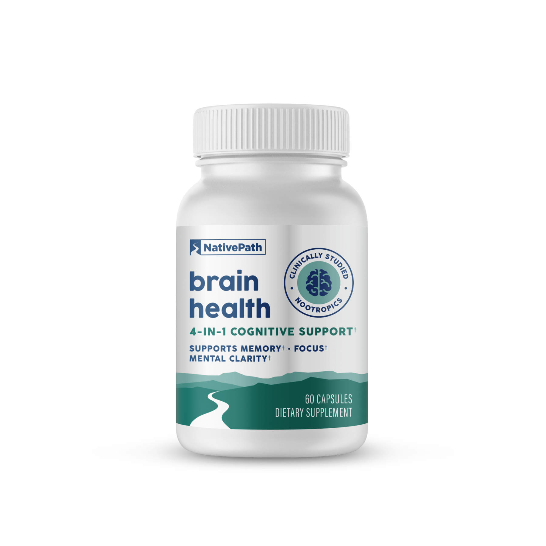 NativePath Brain Health bottle, front label, 4-in-1 cognitive support with clinically studied nootropics, 60 capsules