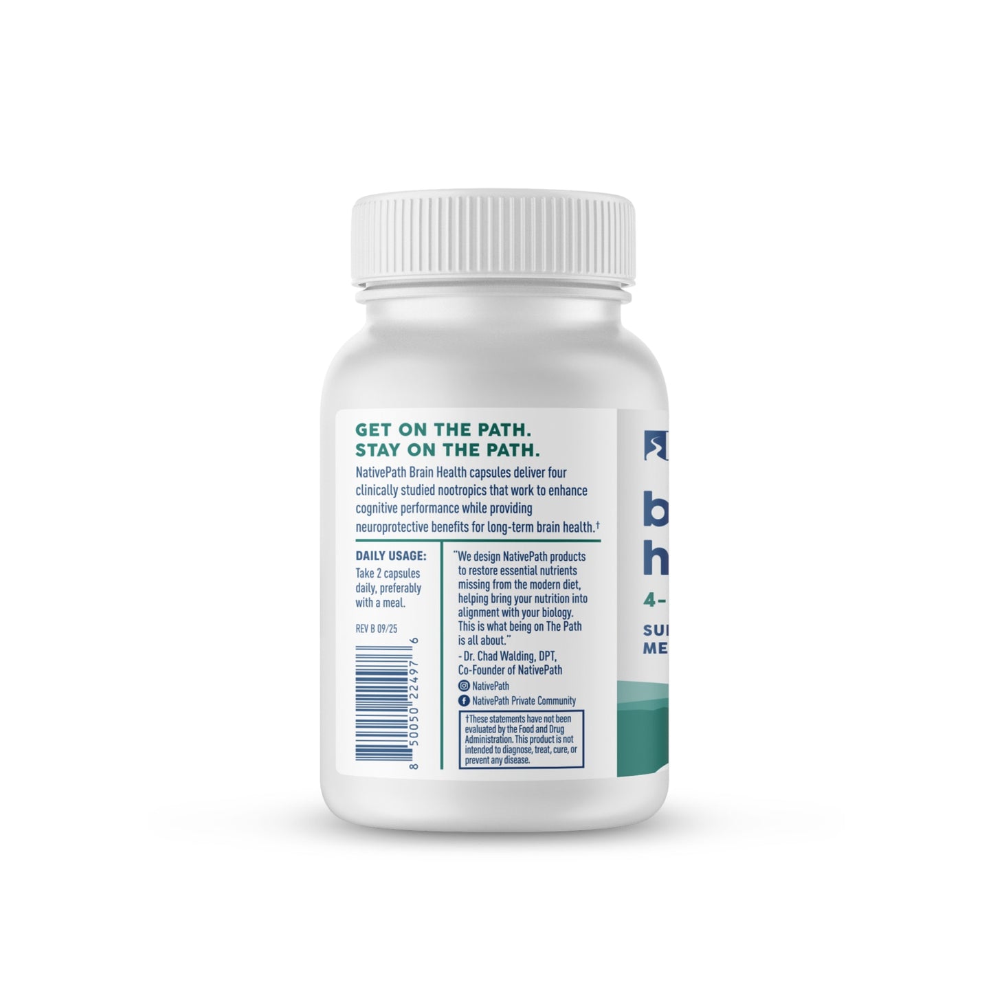 Side of NativePath Brain Health bottle showing daily usage directions and a note from co-founder Dr. Chad Walding