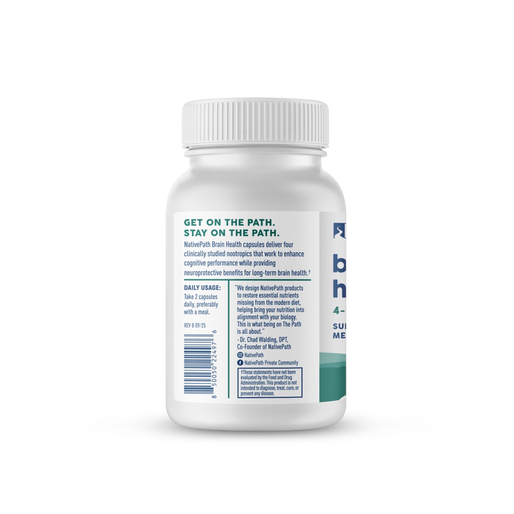 Side of NativePath Brain Health bottle showing daily usage directions and a note from co-founder Dr. Chad Walding