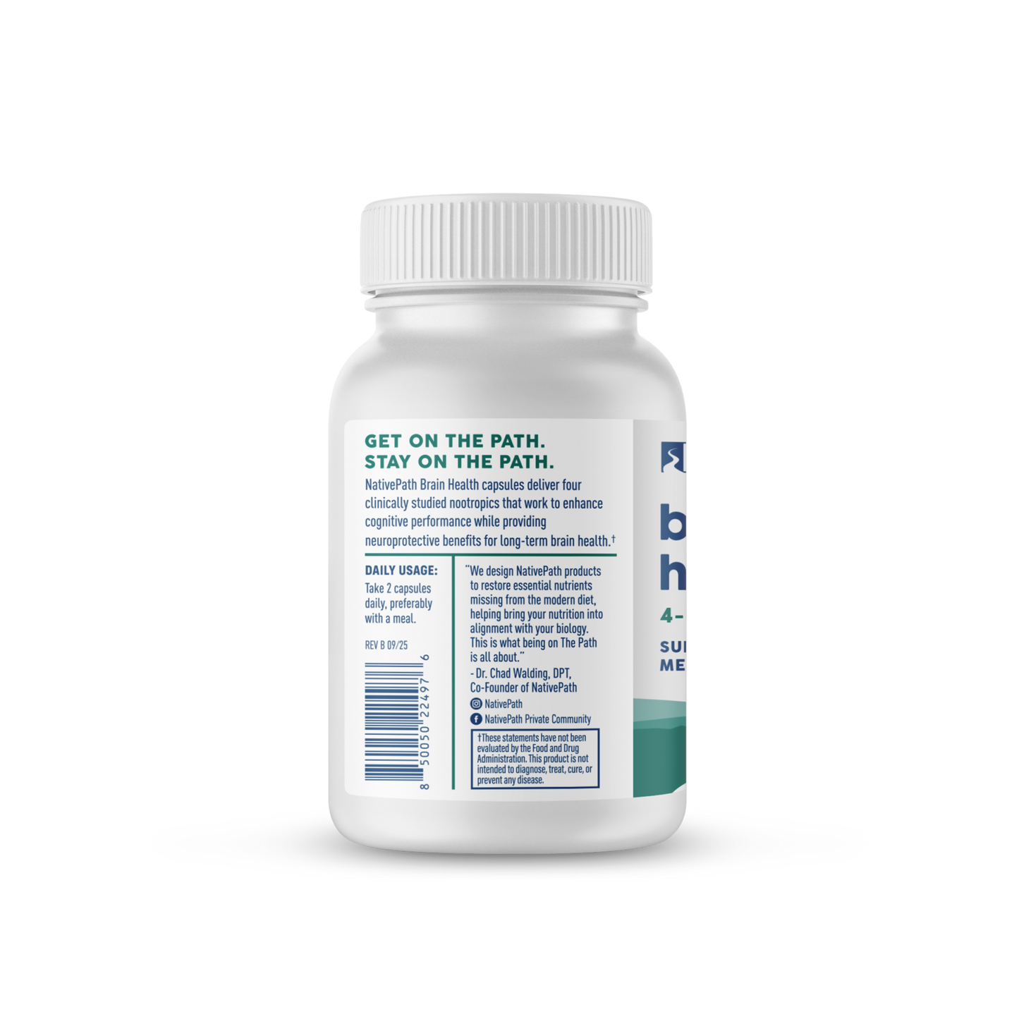 Side of NativePath Brain Health bottle showing product description, daily usage of 2 capsules, founder quote, and barcode