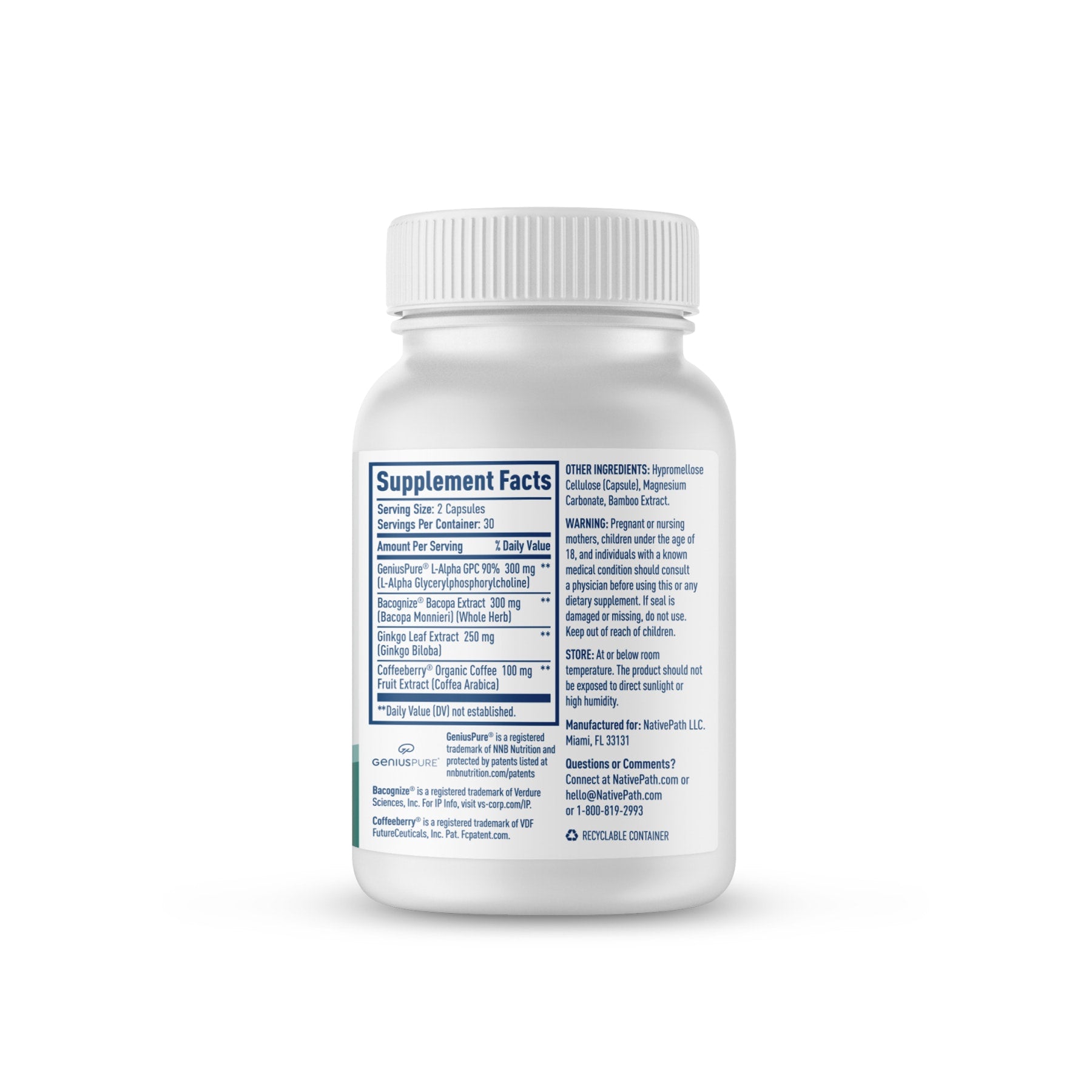 NativePath Brain Health supplement facts panel listing Alpha GPC, Bacopa extract, Ginkgo leaf extract, and Coffeeberry coffee fruit extract