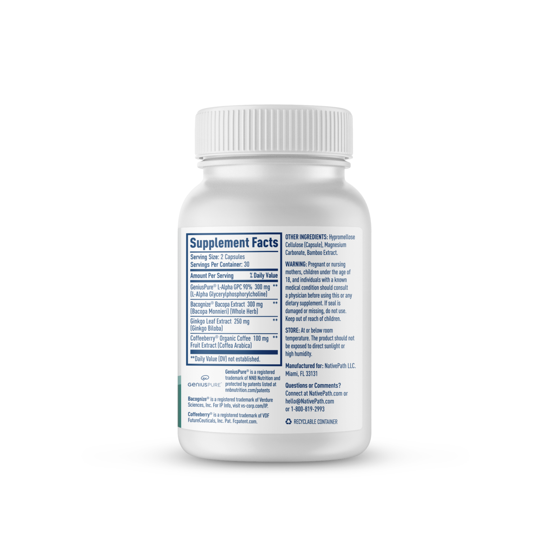 Brain Health Supplement Facts: 2-capsule serving with GeniusPure L-Alpha GPC, Bacognize Bacopa, Ginkgo Leaf, Coffeeberry