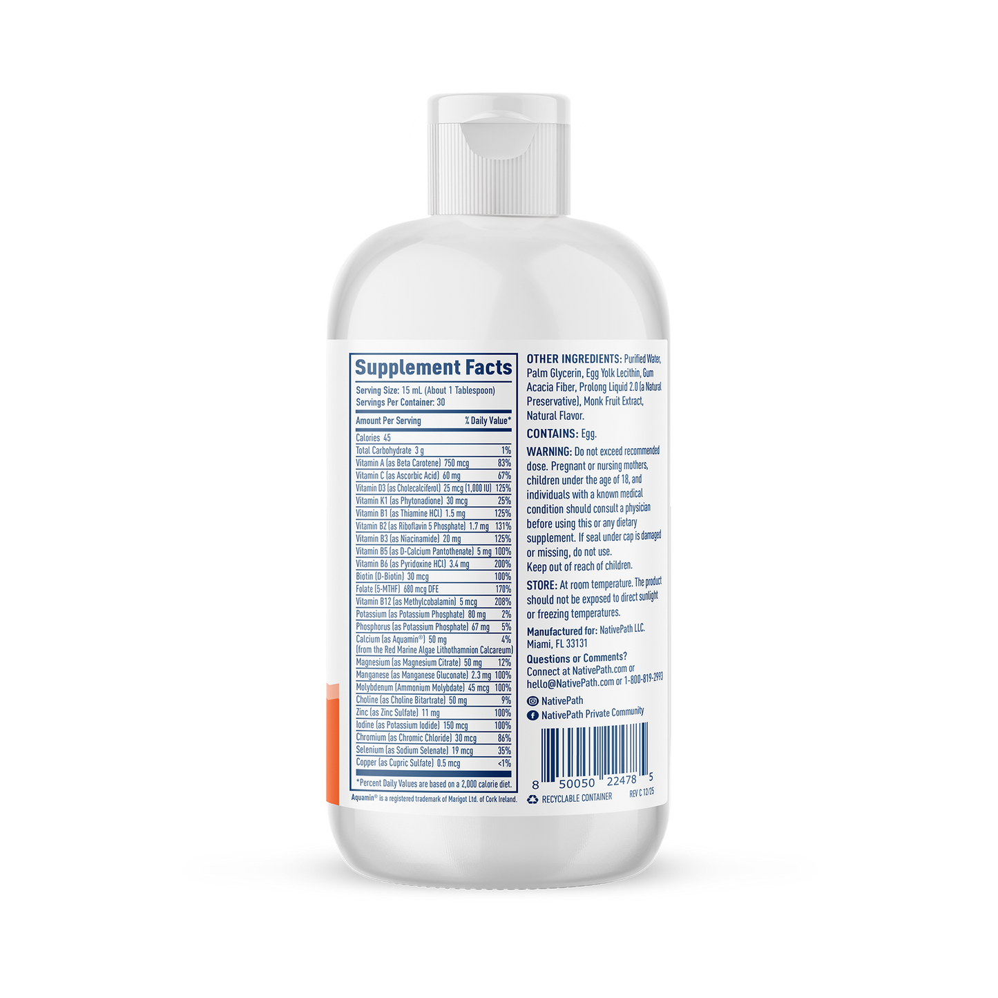 NativePath Liposomal Multivitamin back of bottle with directions and ingredients