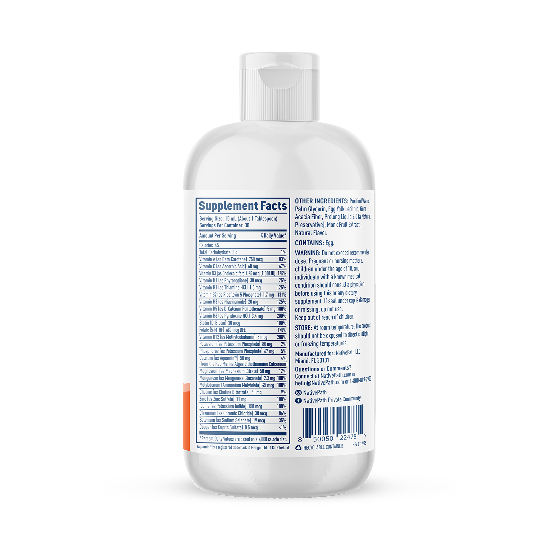 NativePath Liposomal Multivitamin back of bottle with directions and ingredients