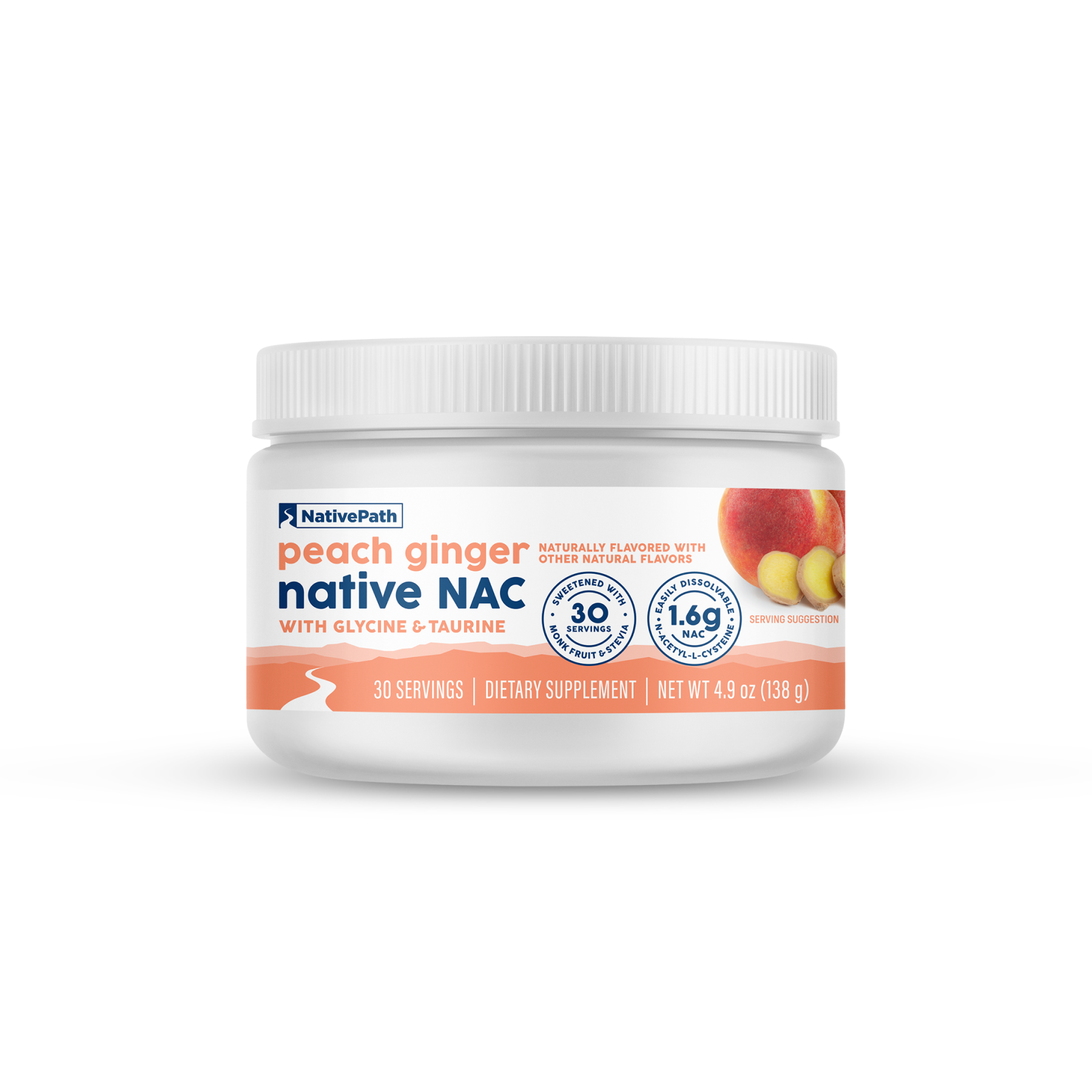 NativePath Peach Ginger Native NAC jar, front label, 30 servings, 1.6g NAC with glycine and taurine, 4.9 oz