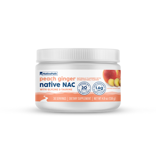 NativePath Peach Ginger Native NAC jar, front label, 30 servings, 1.6g NAC with glycine and taurine, 4.9 oz