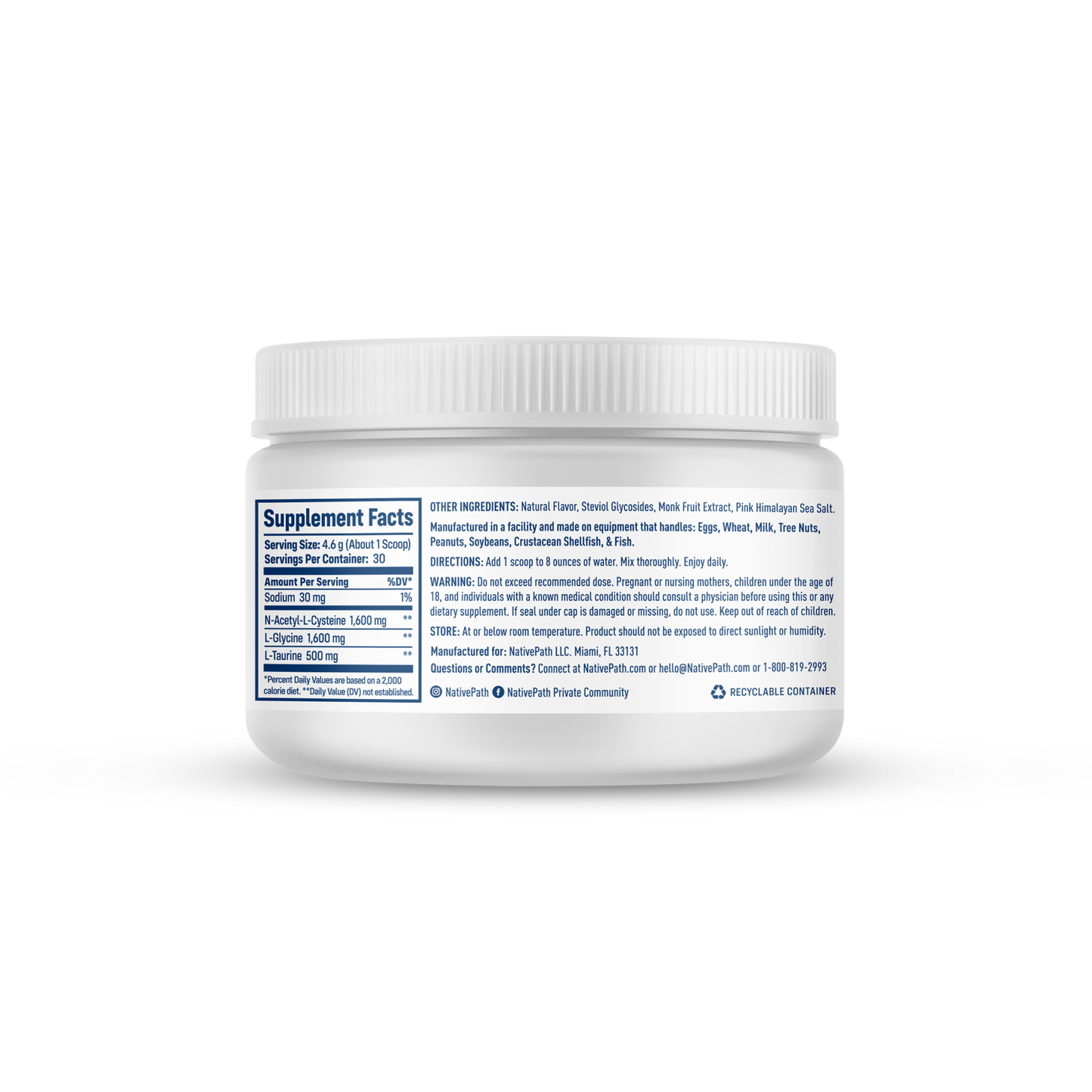 Side of NativePath Native NAC jar showing Supplement Facts panel, other ingredients, directions, and warnings