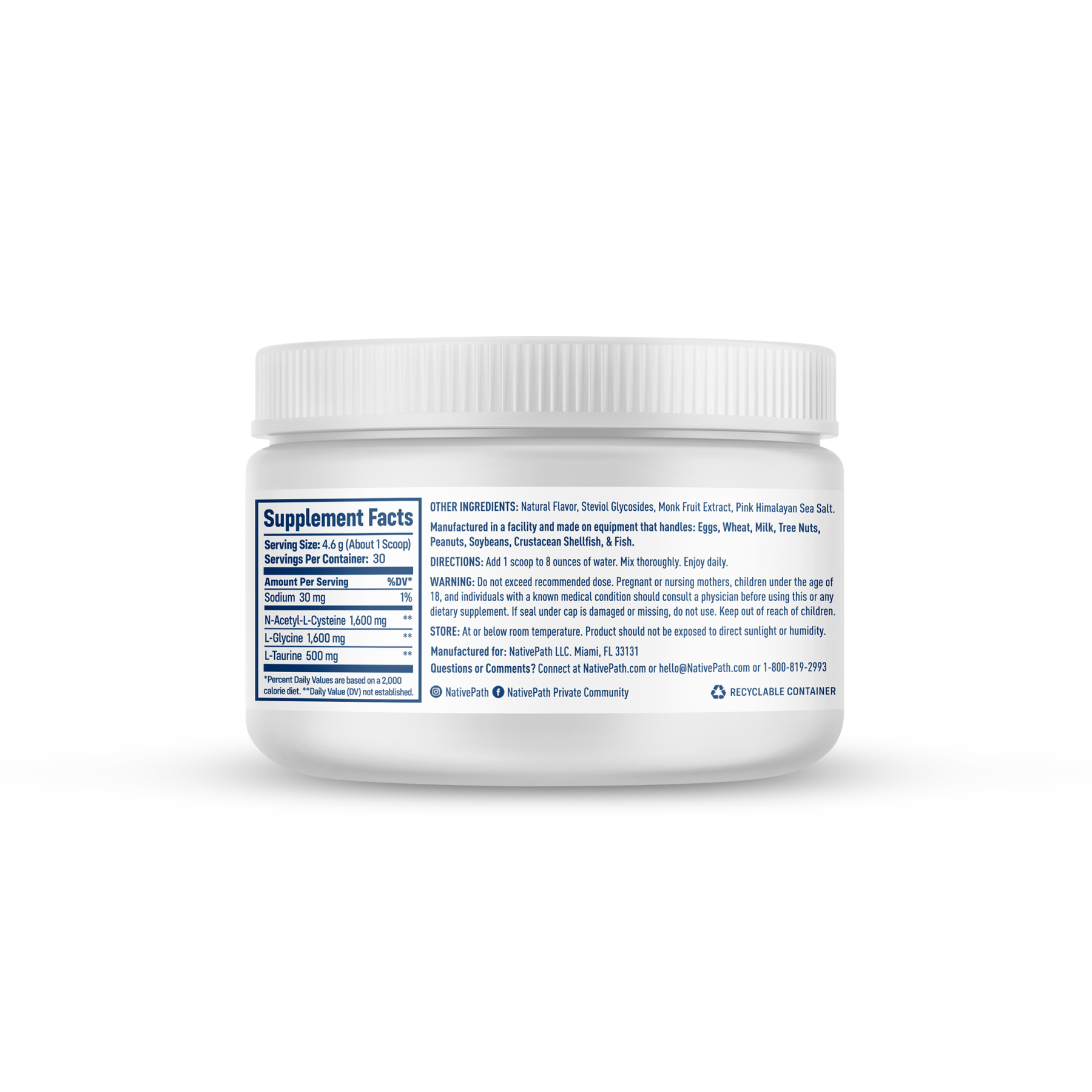 Side of NativePath Native NAC jar showing Supplement Facts panel, other ingredients, directions, and warnings