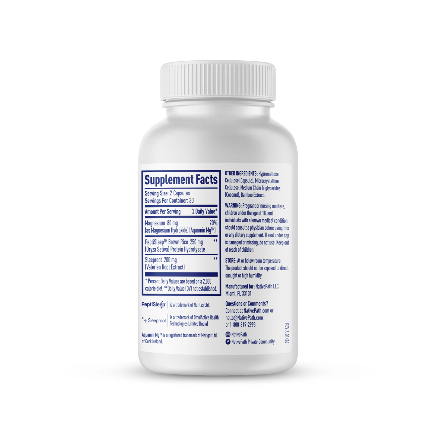 NativePath Native Sleep supplement back of bottle with directions and ingredients