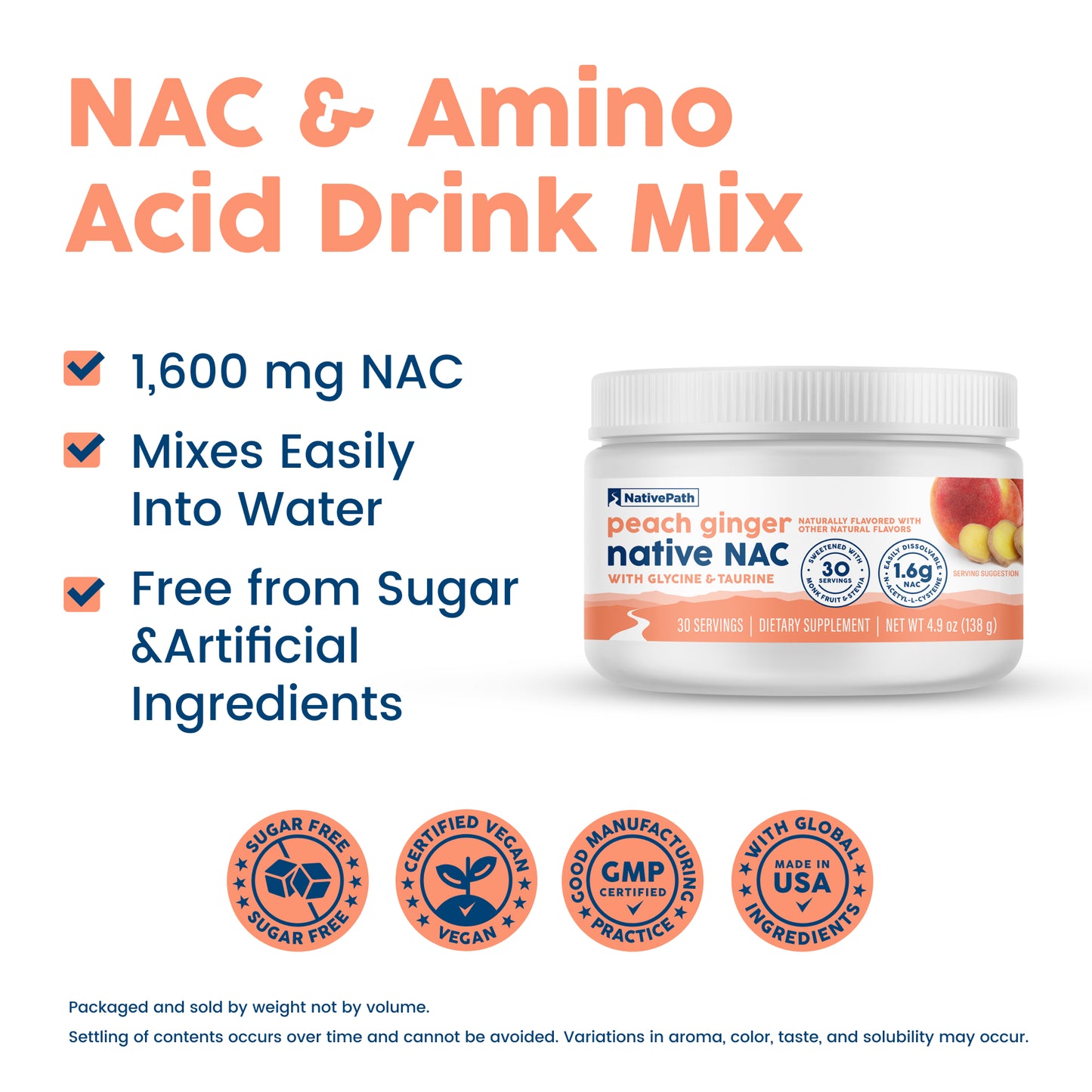 Native NAC drink mix graphic: 1,600mg NAC, mixes easily into water, no sugar or artificial ingredients