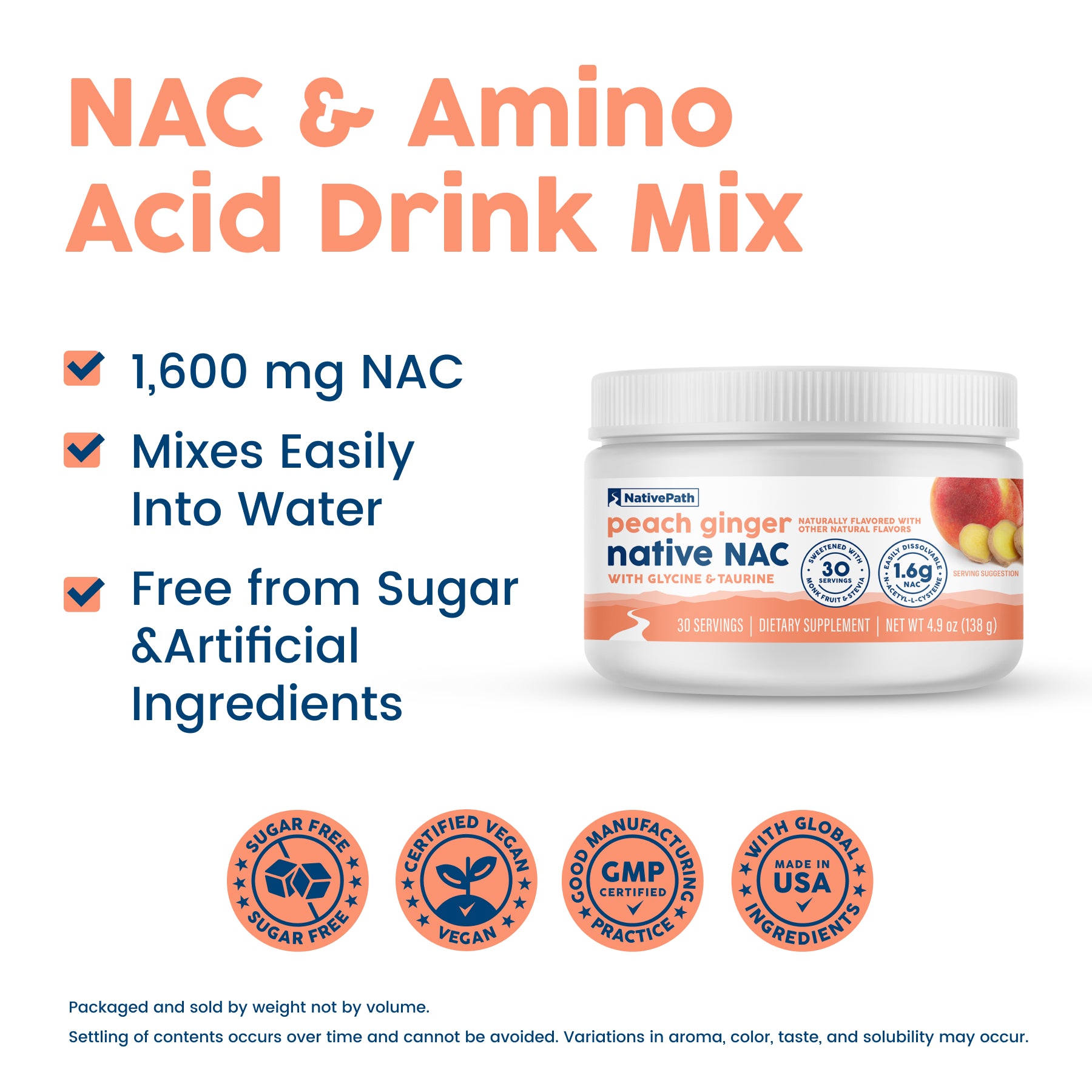 Native NAC drink mix graphic: 1,600mg NAC, mixes easily into water, no sugar or artificial ingredients