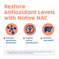 Native NAC benefits graphic with icons for glutathione production, natural detoxification, and liver health