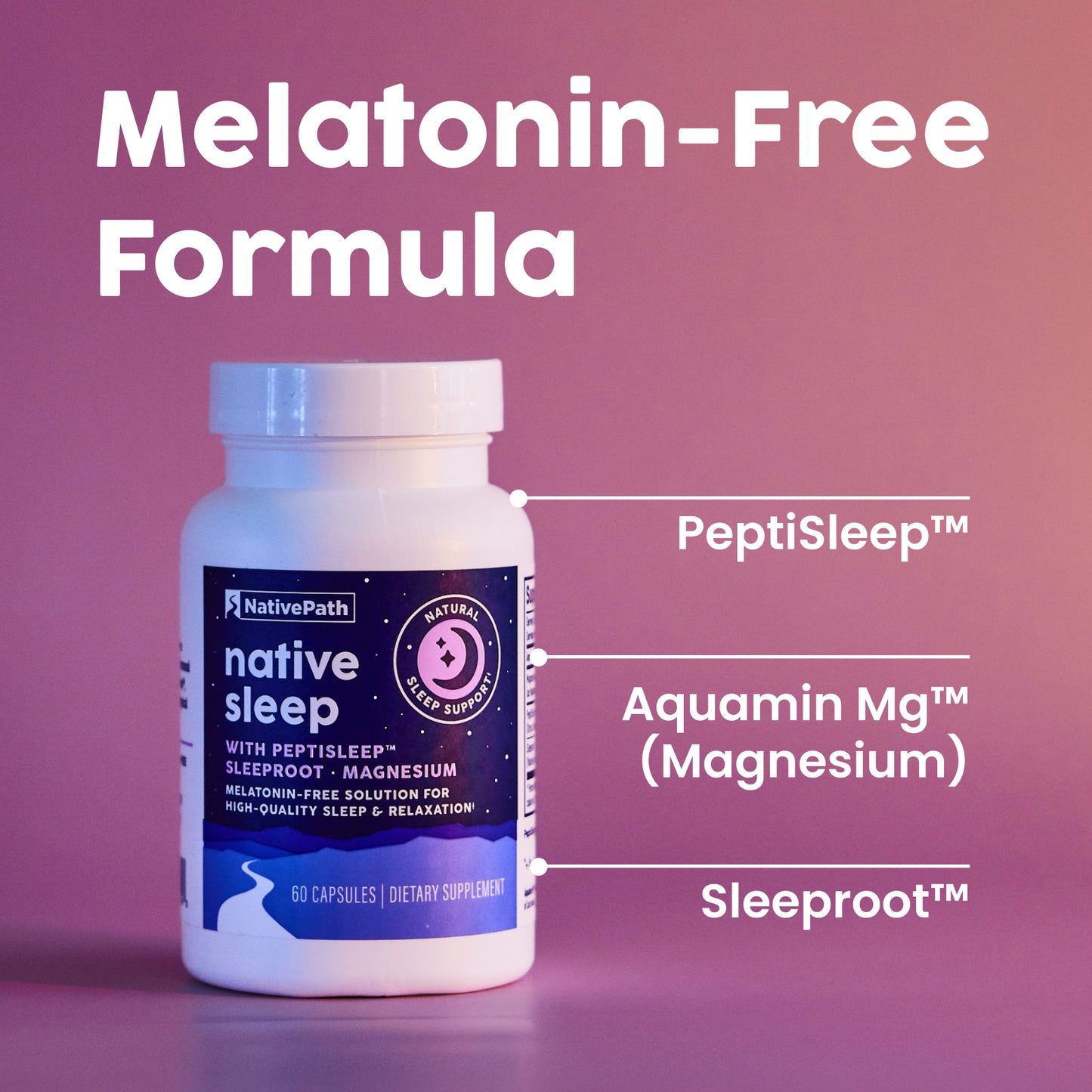 NativePath Native Sleep melatonin-free formula with PeptiSleep and Sleeproot ingredients graphic