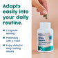 Hand holding two NativePath Brain Health capsules above the open bottle, with tips for adding it to your daily routine