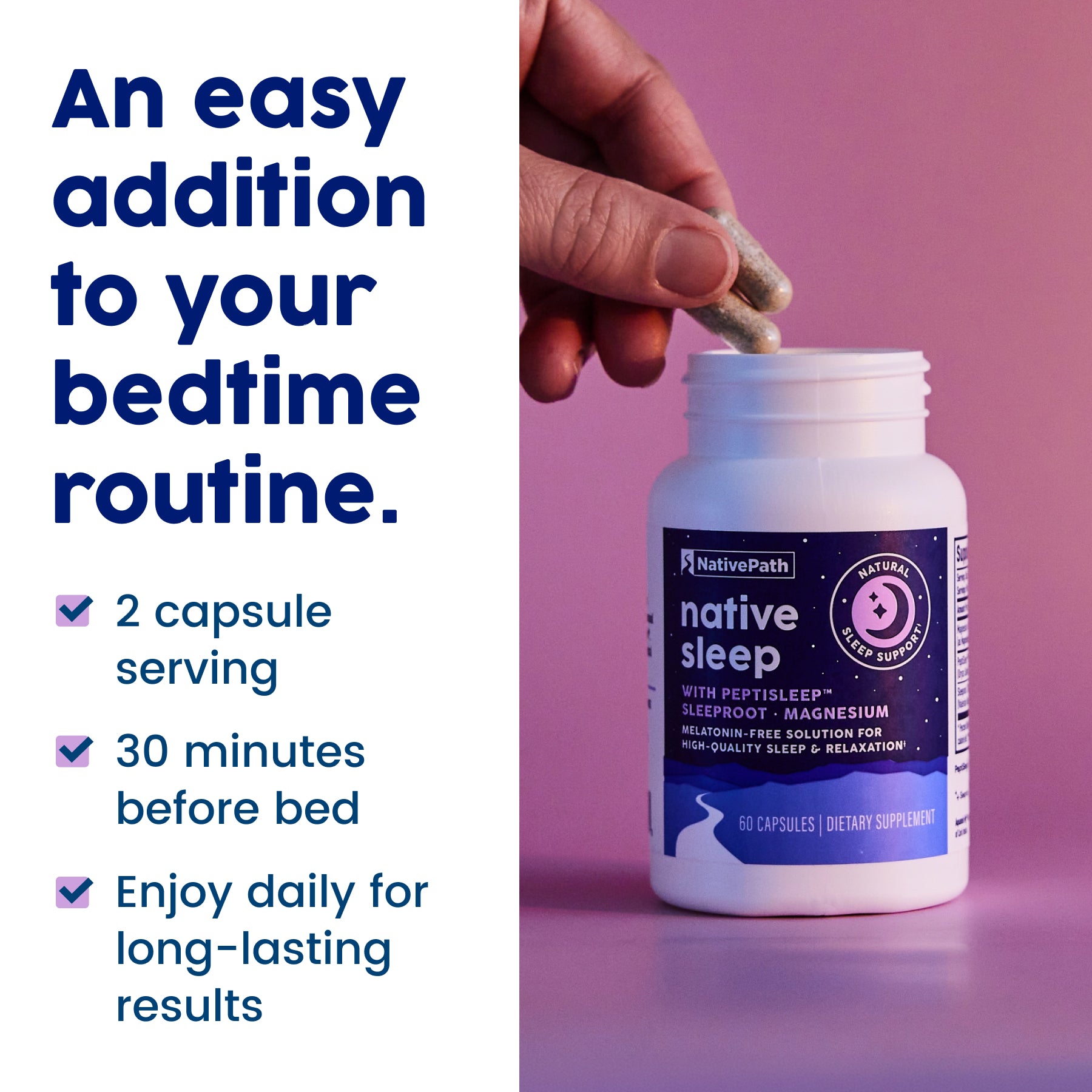 NativePath Native Sleep easy bedtime routine 2 capsules 30 minutes before bed graphic